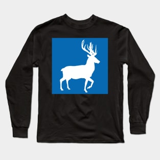 White Coloured Scottish Stag Silhouette on Saltire Blue Background Long Sleeve T-Shirt